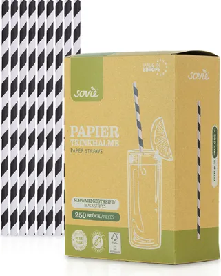 Produktbild von Trinkhalm in Schwarz-Weiß gestreift aus Papier , Ø 6 mm / 20 cm, 250 Stück in Pappkarton