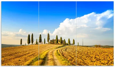 Produktbild von Wallario Herdabdeckplatte aus Glas, Größe 90 x 52 cm 3-teilig, Motiv Italien - Toskana unter blauem Himmel  einsame Farm