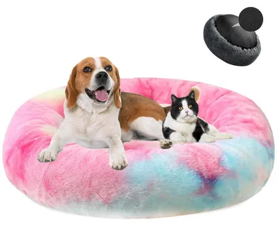Immagine prodotto di Cuccia per cani a forma di ciambella, in peluche, lavabile, morbida, diametro 90 cm, color rosa