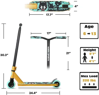 Imagen del producto de Monopatín para acrobacias con manillar de 360°, para niños a partir de 6 años, color y dorado, ideal para trucos