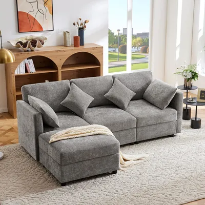 Produktbild von STILVORA Schlafsofa mit Fußhocker und Kissen,Ecksofa mit verstellbare Armlehnen,Modulares Sofa aus Chenille-Stoff,Grau