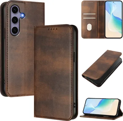 Image de Étui pour Samsung Galaxy S25, étui en cuir vintage avec protection RFID, fentes pour cartes, support Marron