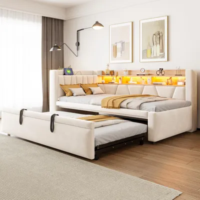 Zdjęcie produktu dla Łóżko tapicerowane o wymiarach 90x200 cm z możliwością rozłożenia do 180x200 cm, 3-w-1: łóżko, sofa i miejsce do przechowywania, wyposażone w porty USB, oświetlenie LED i obicie z weluru