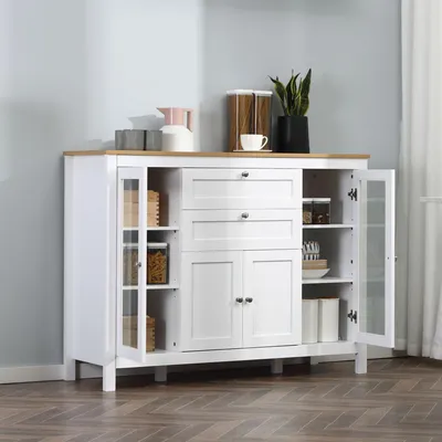 Produktbild von ZMH Wohnzimmer-Sideboard, Aufbewahrungsmöbel mit 1 Doppeltürschrank, 2 Glasschränken, 2 Schubladen und verstellbarem Einlegeboden, moderner Stil, Esszimmer- und Küchen-Sideboard, 120 x 40 x 90 cm, weiß