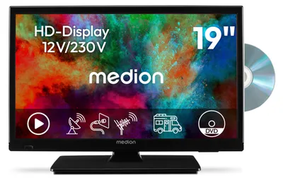 Produktbild von MEDION 47 cm (19 Zoll) HD Fernseher mit DVD-Player (perfekt für Camping Wohnmobil LKW Garten, 12V KFZ Car-Adapter, Triple Tuner Receiver, HDMI, USB, MD 819001)