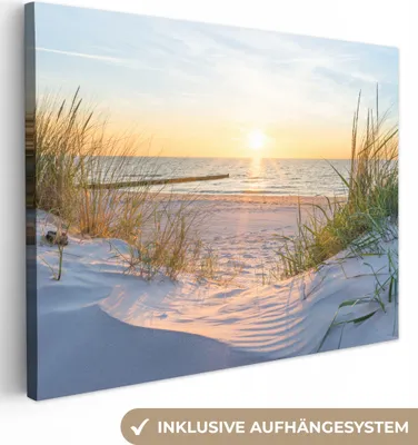 Produktbild von MuchoWow® - Leinwandbilder - Strand - Sonne - Düne - Gras - Sand - Horizont, Wandbild, Wanddeko Bilder Wohnzimmer, 80x60 cm