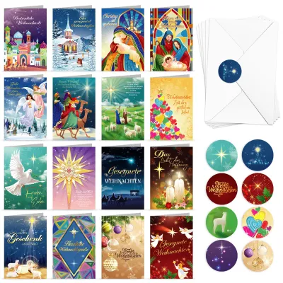 Productafbeelding van Set van 16 Christelijke kerstkaarten met enveloppen en stickers
