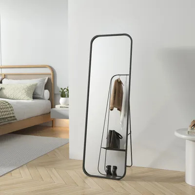 Produktbild von Heilmetz Schlafzimmer Spiegel Ganzkörperspiegel 120x37cm Schwarz Bodenspiegel Standspiegel mit Metallrahmen, HD Spiegel zum Aufstellen & Wandmontage