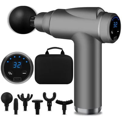 Immagine prodotto di BUOAZR Pistola massaggiante, con 32 velocità fino a 3500 giri al minuto e 6 testine di massaggio, mini pistola massaggiante elettrica con schermo LCD per il massaggio muscolare del corpo, rilassante, colore grigio