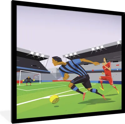Produktbild von MuchoWow® Gerahmtes Poster Eine Illustration von Spielern, die in einem Stadion Fußball spielen - Junge - Mädchen - Kinder 40x40 cm - Poster mit Schwarzem Bilderrahmen Wandposter Rahmen Foto Bilder - Mit Rahmen - Wanddekoration Schlafzimmer