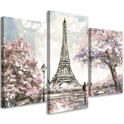 Produktbild von Triptychon auf leinwand gemalter eiffelturm 120x80 cm Feeby rosa wandbild bereit zum aufhängen
