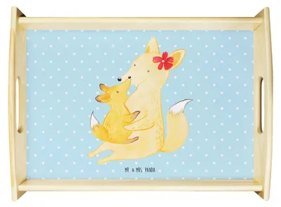 Produktbild von Mr. & Mrs. Panda Tablett Fuchs Mama - Blau Pastell - Geschenk, Bett-Tablett, Sofa, Tochter, holz, Muttertag, Mutter, serviertablett aus, Schoß