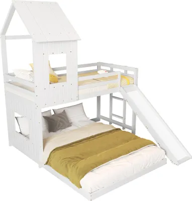 Produktbild von Etagenbett mit 2 Liegeflächen, Rutsche, und Lattenrost, 90x200cm/140x200cm, Kinderbett mit Rausfallschutz, Kiefer