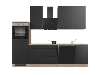 Produktbild von Küchenzeile mit E-Geräten & Geschirrspüler - 280 cm breit - Schwarz matt Endgrain Oak – Capri