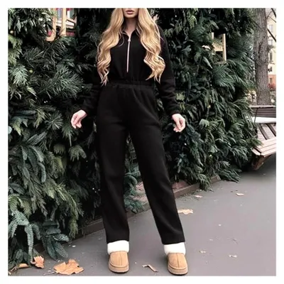 Produktbild von Damen Jumpsuit Overall Einteiler Jogginganzug Trainingsanzug Einfarbig mit Reißverschluss Slim Fit