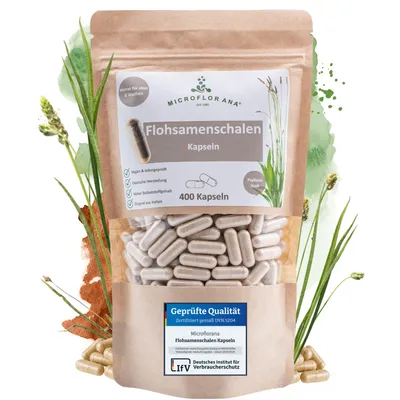 Produktbild von MICROFLORANA® - Flohsamenschalen Kapseln - 400 Kapseln - 2 Monate Vorrat - Indische Flohsamenschalen - Natürliche Ballaststoffe - Ballaststoff Kapseln