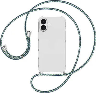 Produktbild von Handykette Backcover-Schutzhülle mit Band (Metall silberfarben) für iPhone 16 Plus - grün/blau/weiß