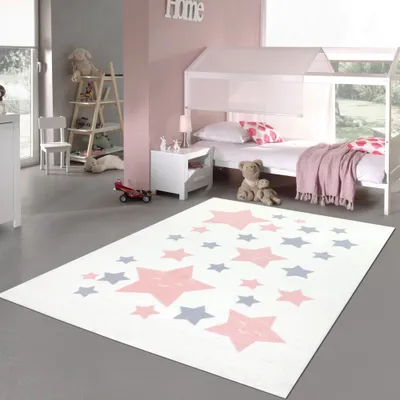Produktbild von Teppich-Kinderzimmer Sterne weich in rosa, grau weiß Größe - 120 x 170 cm