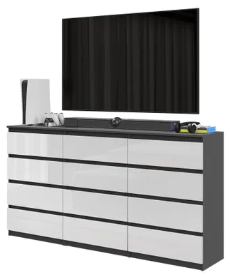 Produktbild von Kommodenset Anthrazit Grau / Weiß Hochglanz mit 12 Schubladen (8+4) – Großes Sideboard Set für Schlafzimmer & Wohnzimmer – GABRIEL