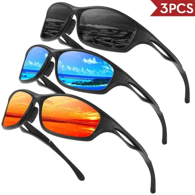 Immagine prodotto di INF Occhiali da sole sportivi polarizzati set da 3 — Montatura nera lente grigia + Montatura nera rivestimento blu + Montatura nera rivestimento rosso