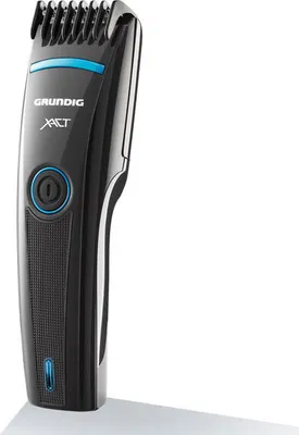 A product shot of a black and blue beard trimmer against a white background.