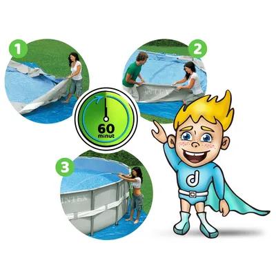 Collage of three images showing the steps to set up an Intex pool, with a cartoon character illustration.