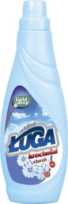 A light blue bottle of liquid starch with a label featuring clouds and flowers.