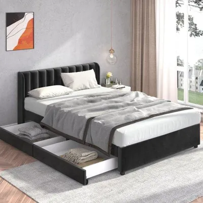 Productafbeelding van Fluweelbed 160 x 200 cm met lattenbodem, zwart, met 2 lades, bekleed