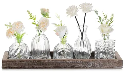 5er-Set Glasvasen mit Holztablett, klar, für Blumen