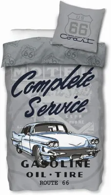 Produktbild von Skybrands Route 66 Bettwäsche-Set 135x200 cm & Kopfkissenbezug 80x80 cm – Wendebettwäsche aus 100% Baumwolle – Renforcé Qualität mit Reißverschluss – Blau/Grau Retro Design