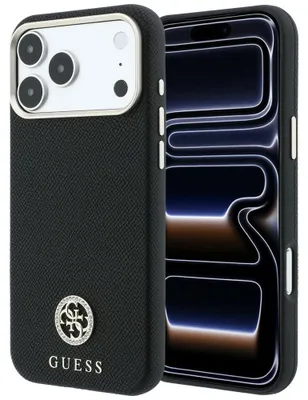 Immagine prodotto di Custodia Guess in pelle effetto grain, con logo strass, compatibile con iPhone 18 Pro Max / 17 Pro Max, colore nero