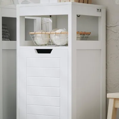 Image de Waskast pliable - Panier à linge escamotable - 30x90x30 cm - Blanc - En MDF - Pour salle de bain
