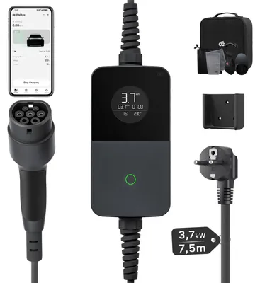 Produktbild von Tragbares EV-Ladegerät - Typ-2-Ladegerät - 3,7 kW - 6–16 A - App-Steuerung - 7,5 m Ladekabel - Schwarz