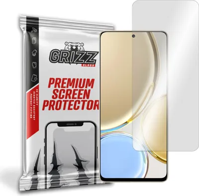 A GrizzGlass premium screen protector packaging with a screen protector and a smartphone displayed.