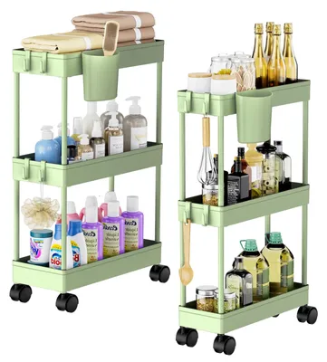 Produktbild von Dreistöckiger Aufbewahrungswagen mit Rollen, platzsparend, schmal, mobil, minimalistischer Multifunktionswagen für Bad und Küche, grün