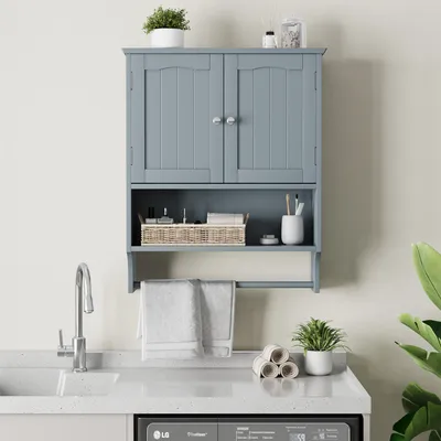 Immagine prodotto di Armadietto da bagno a muro con portasciugamani, mobile da bagno a muro con 2 ante e ripiani aperti, mensola da bagno a muro, armadietto per medicinali da bagno,
