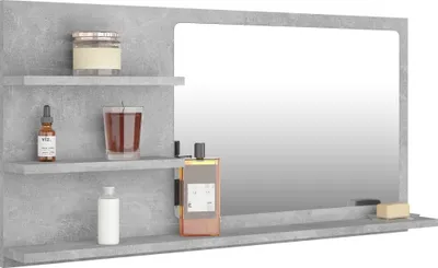 A bathroom mirror with shelves holding various toiletries.
