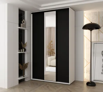 Produktbild von MINIO go for it, Kleiderschrank VADO, 150x235,2x45 cm, 3 Schiebetüren (1 Spiegel), 6 Einlegeböden, 2 ausziehbare Metallstangen, Weiß/Schwarz matt