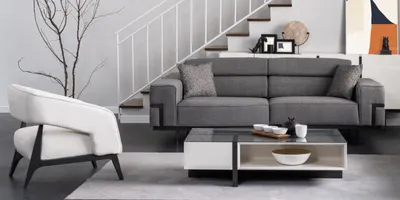 Produktbild von Grau-Weiße Polster Garnitur Wohnzimmer 3-Sitzer Sessel Holz Couchtisch