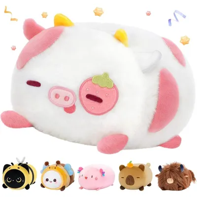 Productafbeelding van Pluche kussen, aardbeienkoe, 40 cm. Schattig knuffel voor kinderen