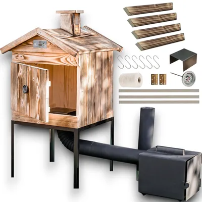 A wooden smoker oven with accessories, presented on a white background.
