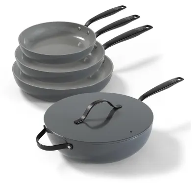 Produktbild von BE Living 4-teiliges Pfannenset - Pfanne induktion - Antihaft-beschichtung - Geeignet für alle Herdarten - Hitzebeständige Griffe - Enthält Bratpfanne & Wokpfanne - Grau