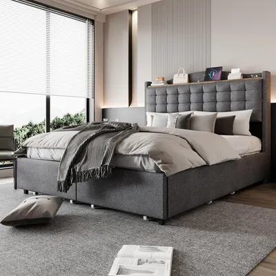 A modern bedroom with a large bed, window with blinds, and a rug.