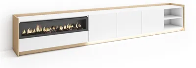 Image de Meuble tv effet bois blanc et chêne 310x37x50cm cheminée effet feu