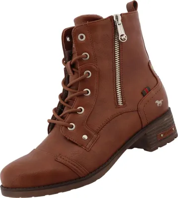 A single brown leather boot is shown against a white background.