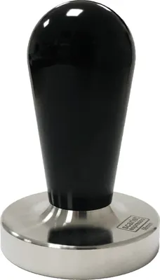A black and silver coffee tamper is shown against a white background.