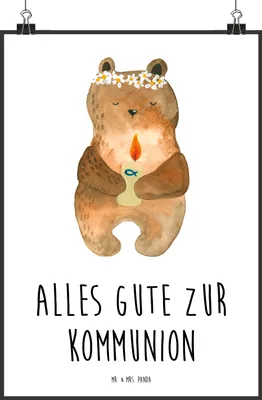 Produktbild von Mr. & Mrs. Panda Bild Bär Kommunion DIN A3 - Weiß - Geschenk, Taufkerze, Teddy, drucke, Wandbild, Gottes Segen, Katholisch, wanddeko, Plakat, Posterdruck