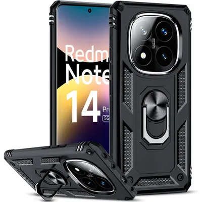 Image de Coque pour Xiaomi Redmi Note 14 Pro 5G (pas pour 4G) Protection Antichoc Rigide Hybride avec Anneau - Noir