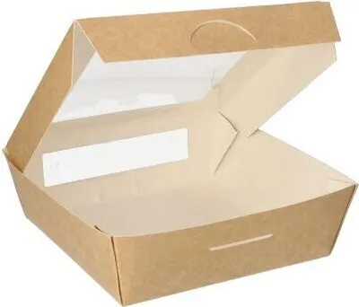 Produktbild von Feinkostboxen, Pappe mit Sichtfenster aus PLA eckig 1000 ml 16 cm x 16 cm x 5 cm braun