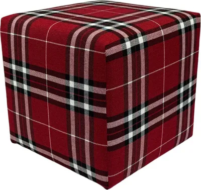 A square ottoman with a red, black, and white plaid pattern.